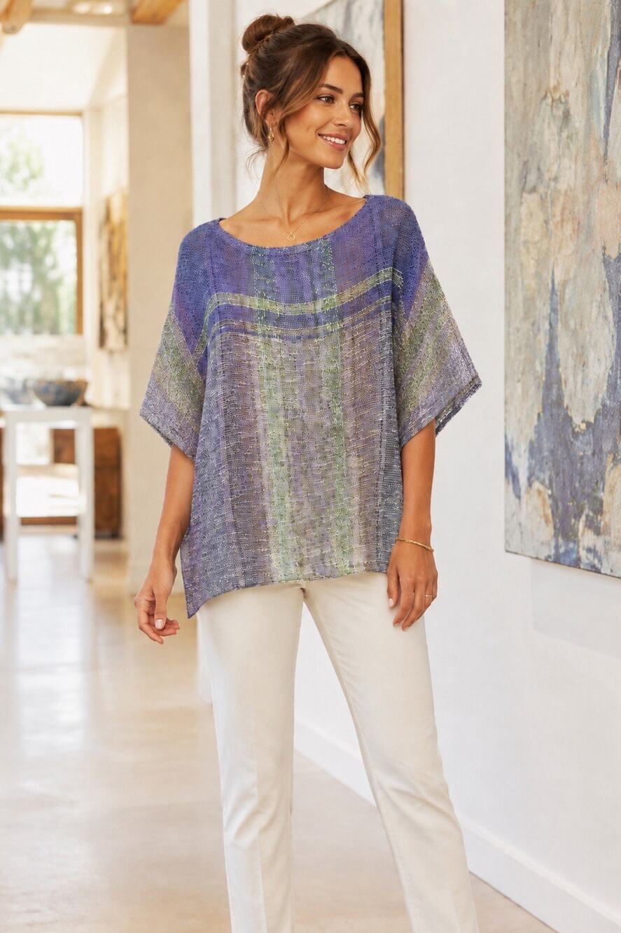 Judi Gaston Handwoven Purple Green Kimono Sleeve Top Wool Cotton One Size Med/LG